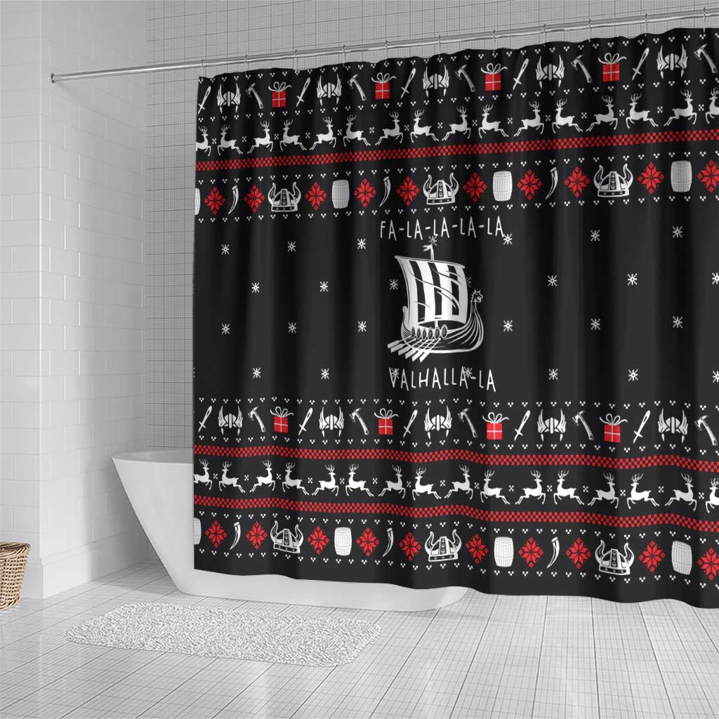 Viking Christmas Shower Curtain with Fa La La La La Valhalla Quote and Longship Nordic Pattern - Wonder Print Shop