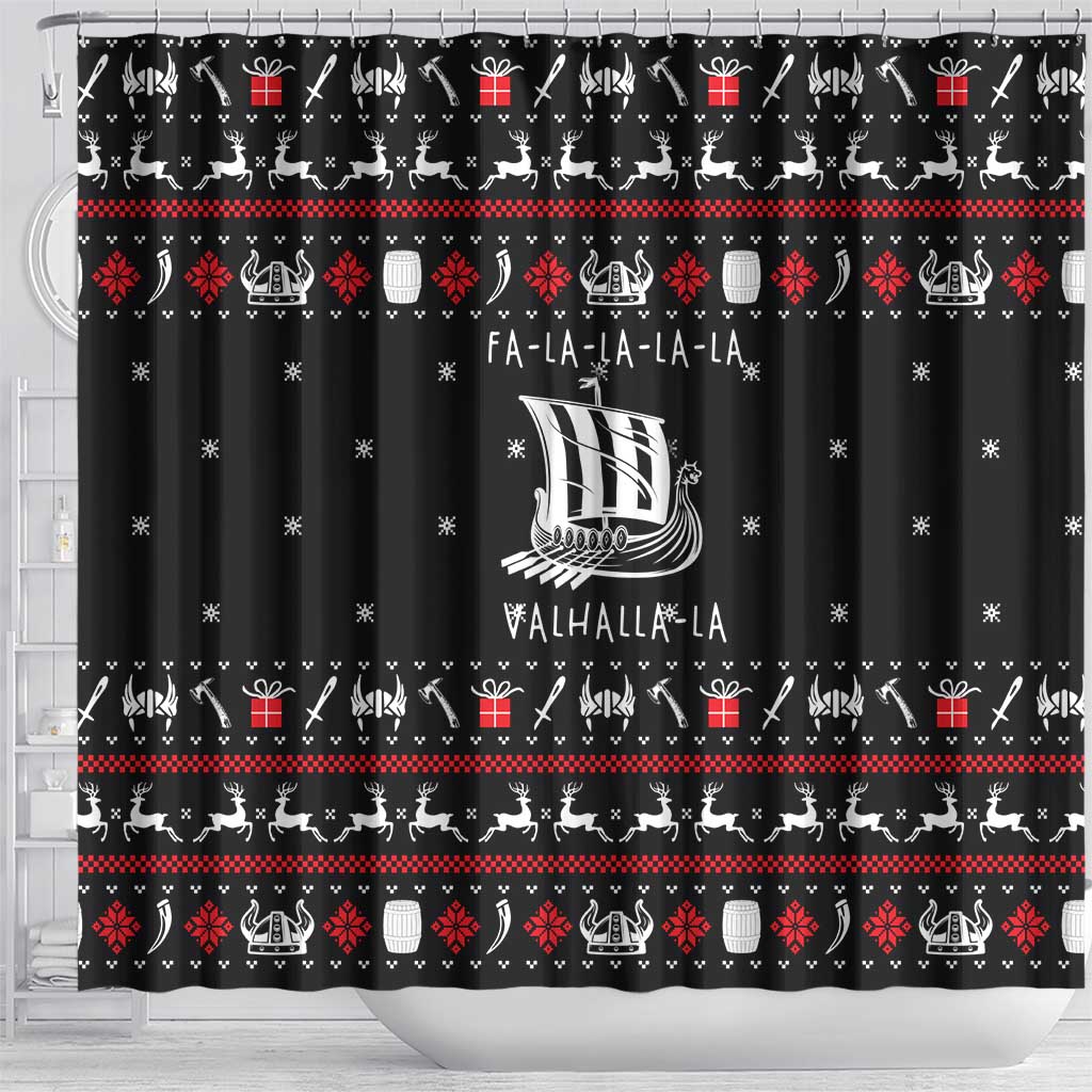 Viking Christmas Shower Curtain with Fa La La La La Valhalla Quote and Longship Nordic Pattern - Wonder Print Shop