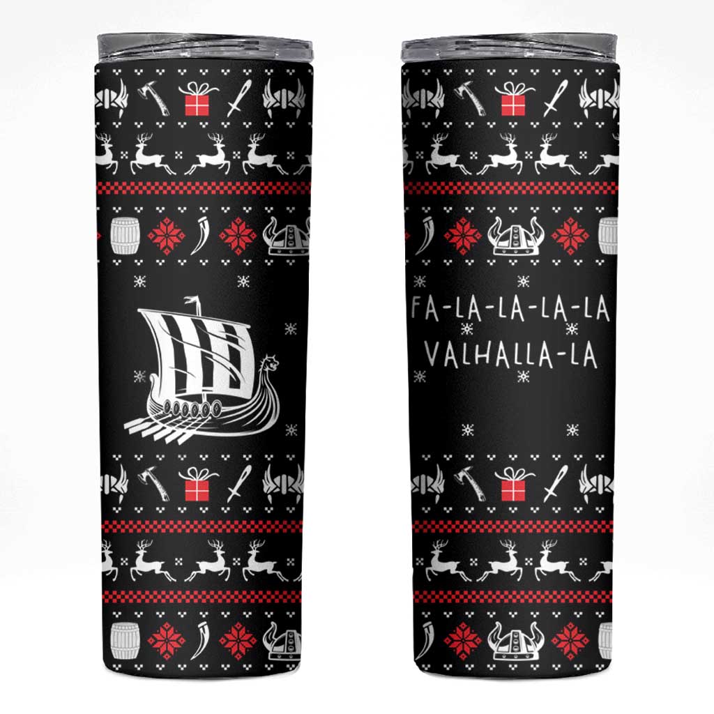 Viking Christmas Skinny Tumbler with Fa La La La La Valhalla Quote and Longship Nordic Pattern - Wonder Print Shop