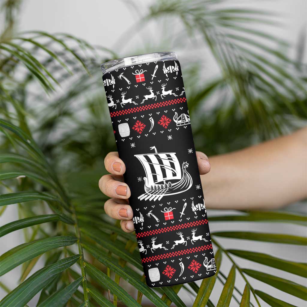 Viking Christmas Skinny Tumbler with Fa La La La La Valhalla Quote and Longship Nordic Pattern - Wonder Print Shop