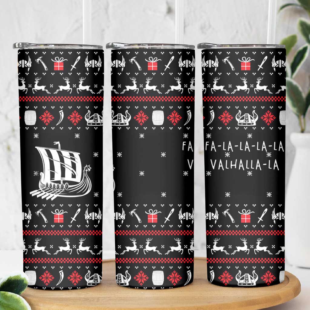 Viking Christmas Skinny Tumbler with Fa La La La La Valhalla Quote and Longship Nordic Pattern - Wonder Print Shop