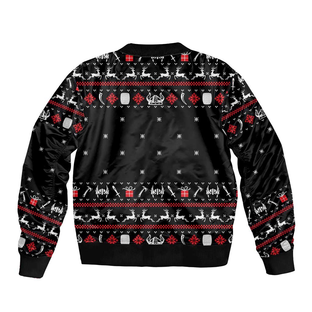 Viking Christmas Sleeve Zip Bomber Jacket with Fa La La La La Valhalla Quote and Longship Nordic Pattern - Wonder Print Shop