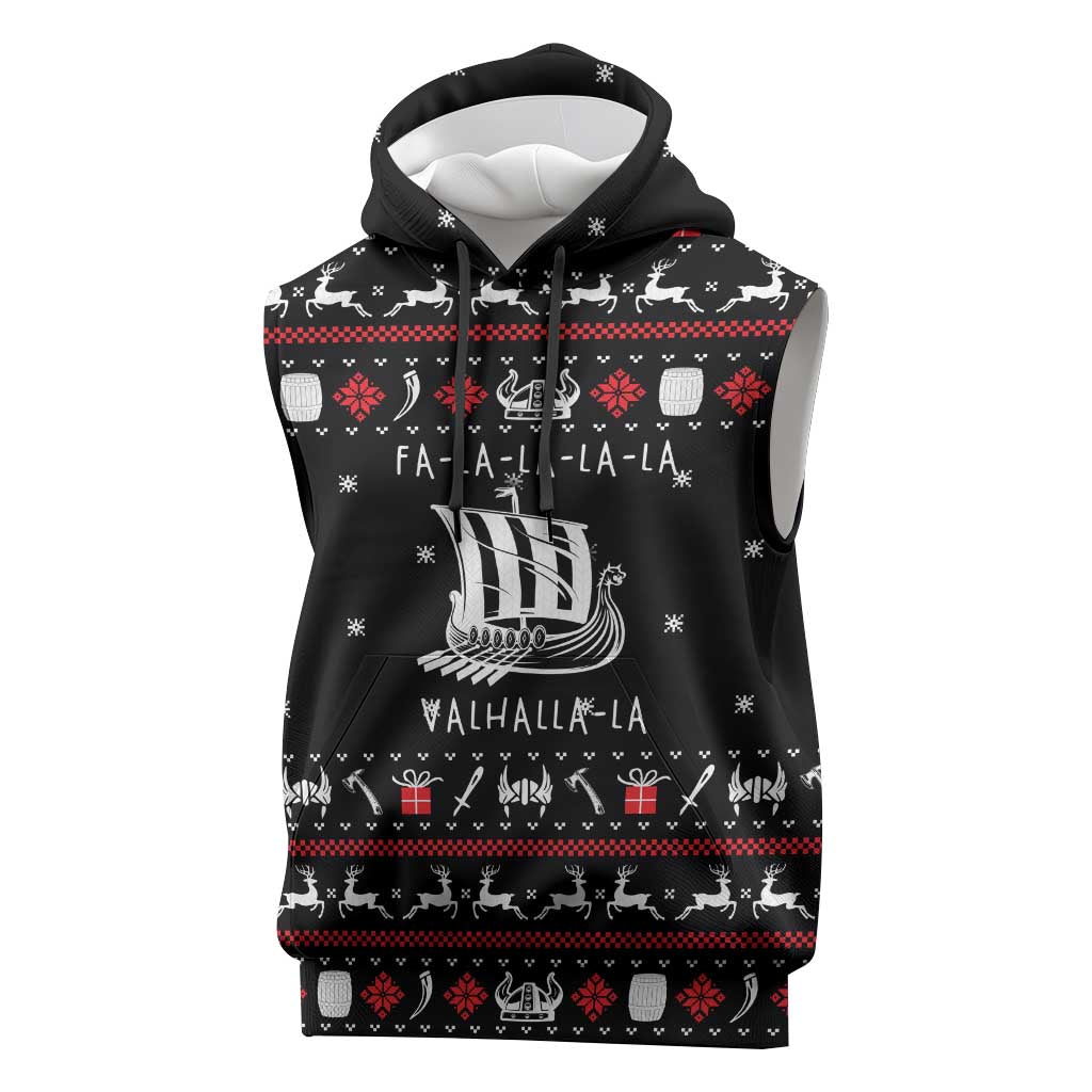 Viking Christmas Sleeveless Hoodie with Fa La La La La Valhalla Quote and Longship Nordic Pattern - Wonder Print Shop