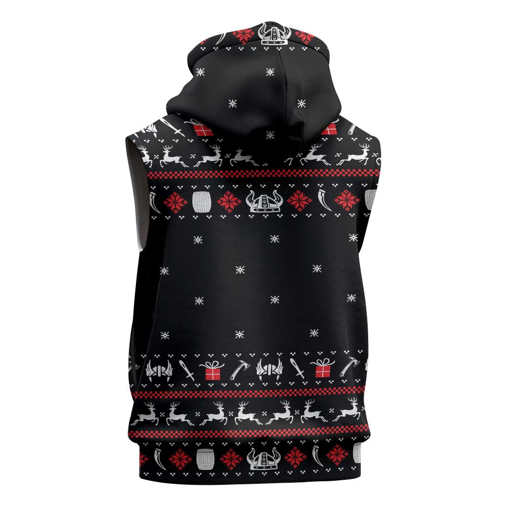 Viking Christmas Sleeveless Hoodie with Fa La La La La Valhalla Quote and Longship Nordic Pattern - Wonder Print Shop