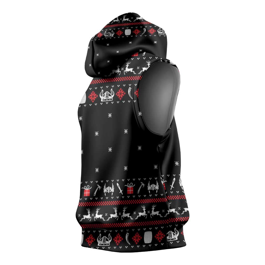 Viking Christmas Sleeveless Hoodie with Fa La La La La Valhalla Quote and Longship Nordic Pattern - Wonder Print Shop