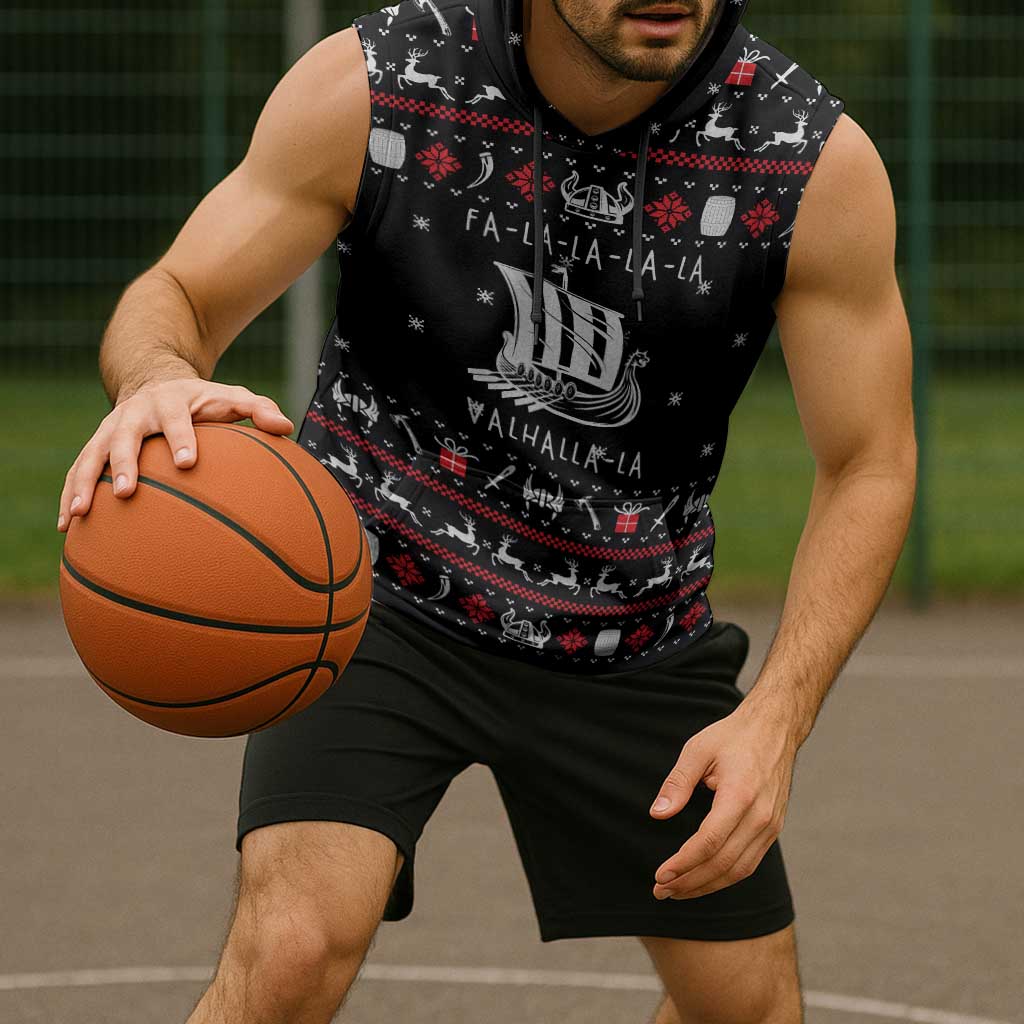 Viking Christmas Sleeveless Hoodie with Fa La La La La Valhalla Quote and Longship Nordic Pattern - Wonder Print Shop
