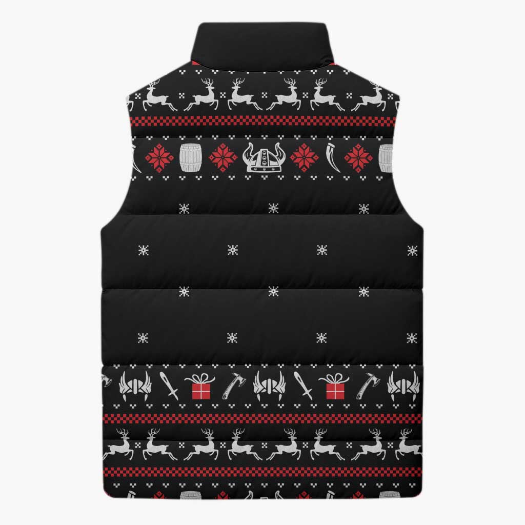 Viking Christmas Sleeveless Puffer Jacket with Fa La La La La Valhalla Quote and Longship Nordic Pattern - Wonder Print Shop