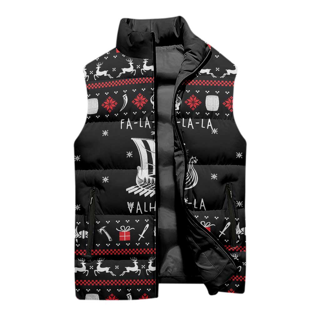 Viking Christmas Sleeveless Puffer Jacket with Fa La La La La Valhalla Quote and Longship Nordic Pattern - Wonder Print Shop