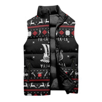 Viking Christmas Sleeveless Puffer Jacket with Fa La La La La Valhalla Quote and Longship Nordic Pattern - Wonder Print Shop