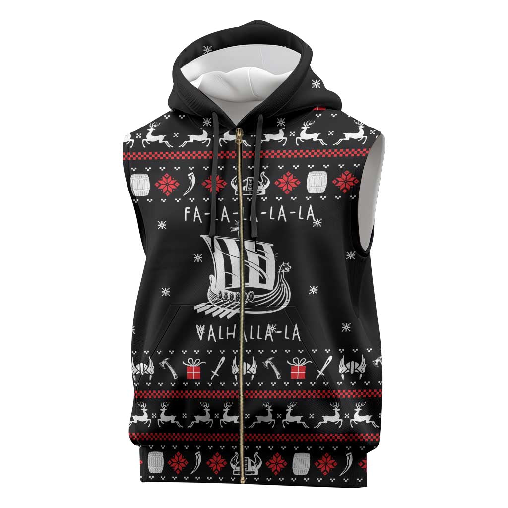 Viking Christmas Sleeveless Zip Hoodie with Fa La La La La Valhalla Quote and Longship Nordic Pattern - Wonder Print Shop