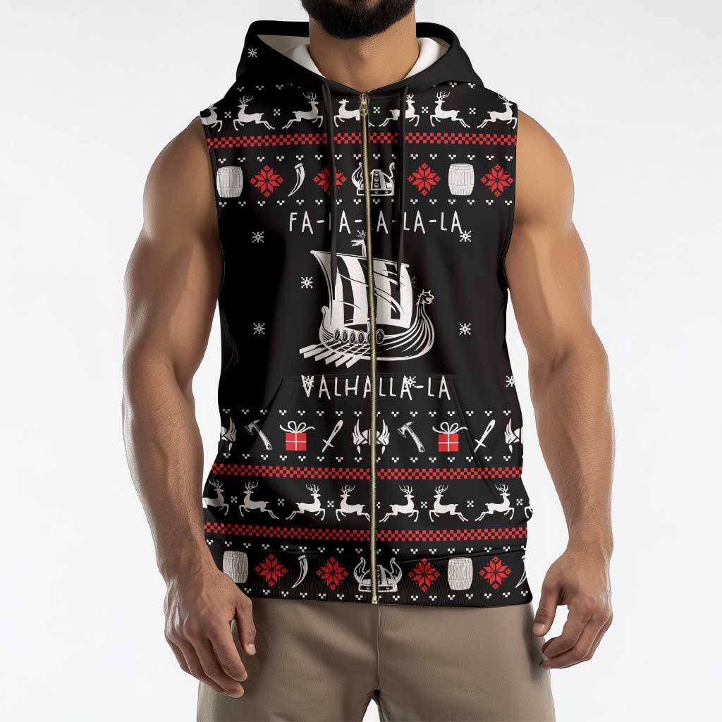 Viking Christmas Sleeveless Zip Hoodie with Fa La La La La Valhalla Quote and Longship Nordic Pattern - Wonder Print Shop