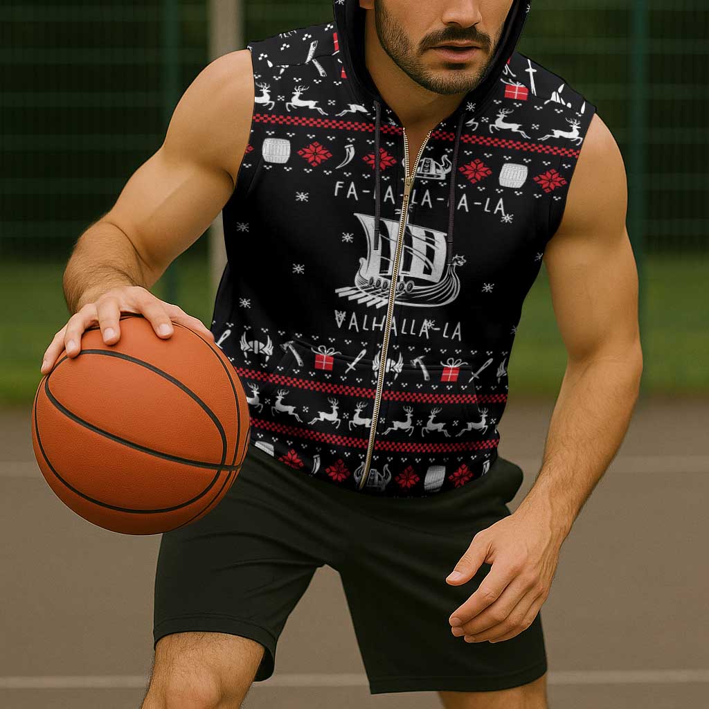 Viking Christmas Sleeveless Zip Hoodie with Fa La La La La Valhalla Quote and Longship Nordic Pattern - Wonder Print Shop