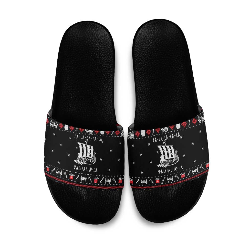 Viking Christmas Slide Sandals with Fa La La La La Valhalla Quote and Longship Nordic Pattern - Wonder Print Shop
