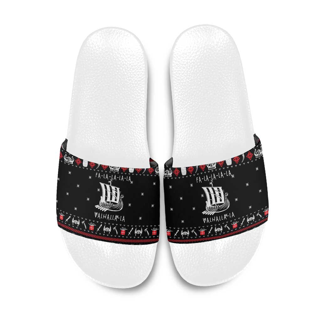 Viking Christmas Slide Sandals with Fa La La La La Valhalla Quote and Longship Nordic Pattern - Wonder Print Shop