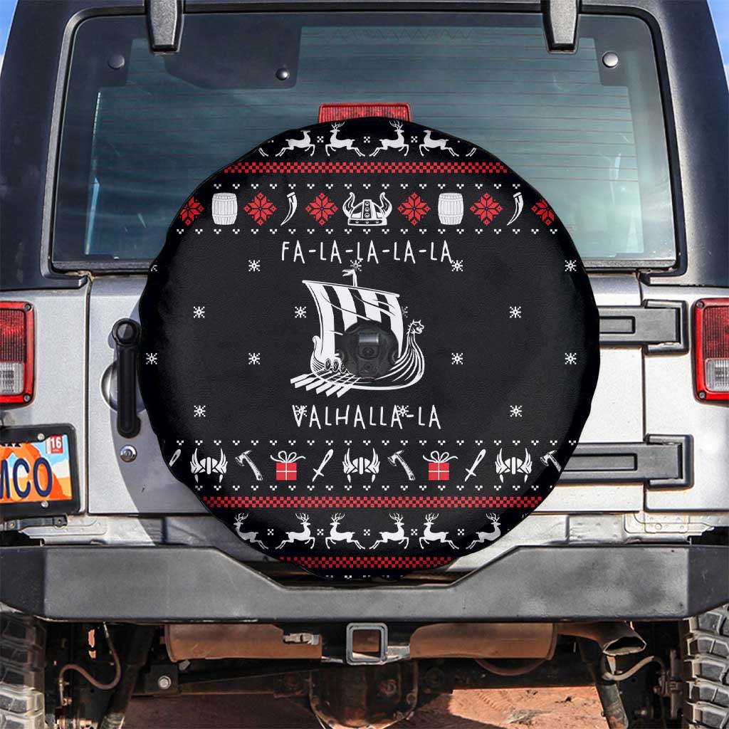 Viking Christmas Spare Tire Cover with Fa La La La La Valhalla Quote and Longship Nordic Pattern - Wonder Print Shop