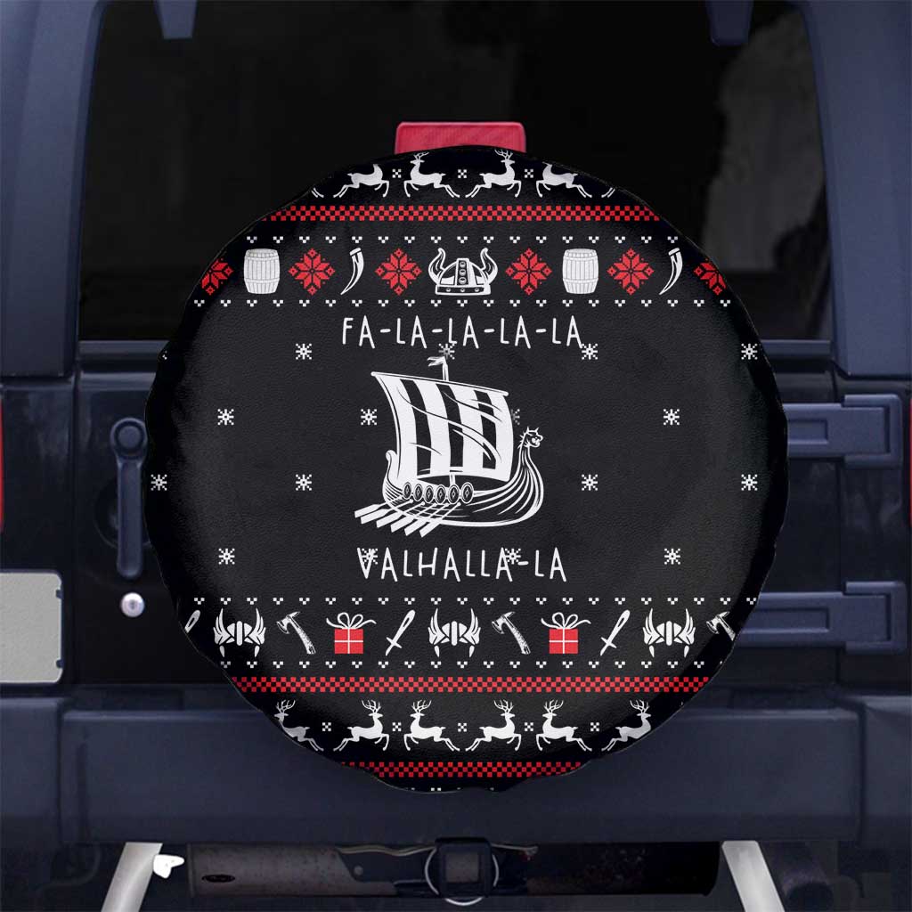 Viking Christmas Spare Tire Cover with Fa La La La La Valhalla Quote and Longship Nordic Pattern - Wonder Print Shop