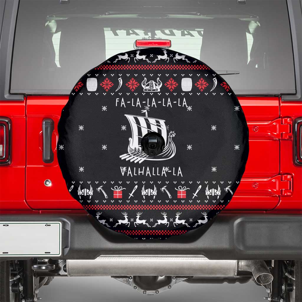 Viking Christmas Spare Tire Cover with Fa La La La La Valhalla Quote and Longship Nordic Pattern - Wonder Print Shop