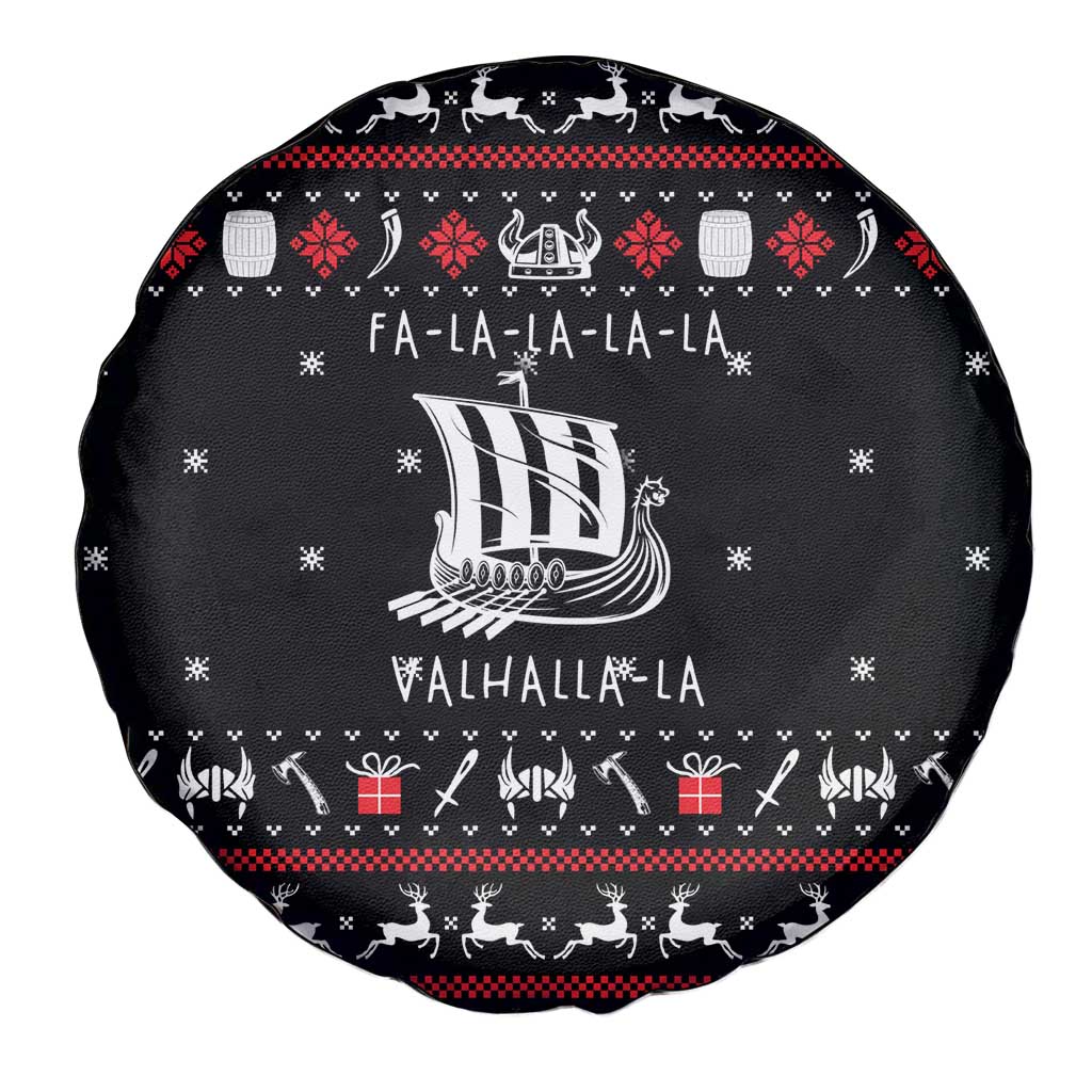 Viking Christmas Spare Tire Cover with Fa La La La La Valhalla Quote and Longship Nordic Pattern - Wonder Print Shop