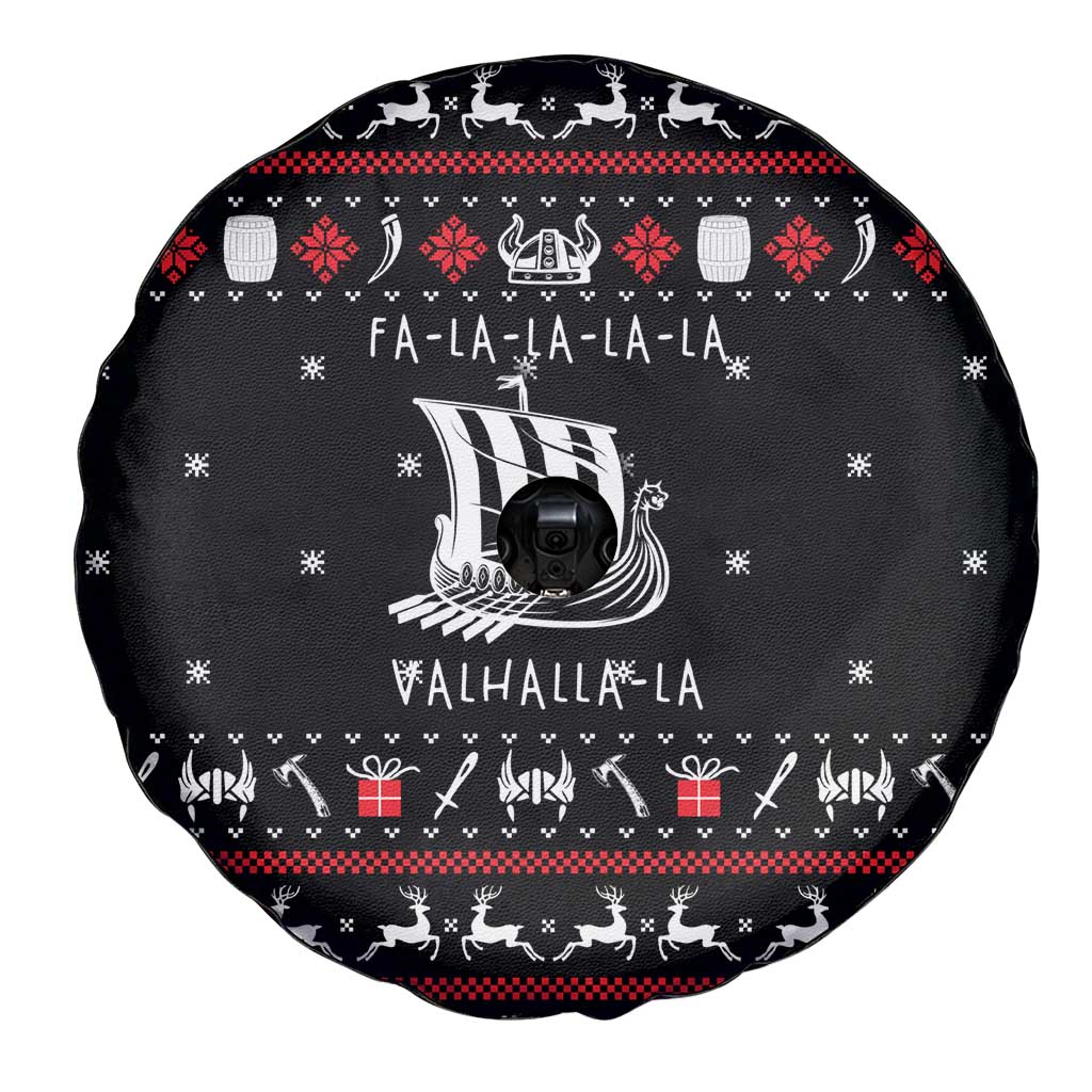 Viking Christmas Spare Tire Cover with Fa La La La La Valhalla Quote and Longship Nordic Pattern - Wonder Print Shop