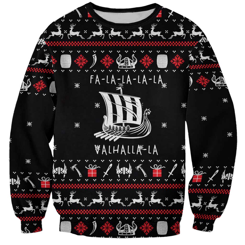 Viking Christmas Sweatshirt with Fa La La La La Valhalla Quote and Longship Nordic Pattern - Wonder Print Shop