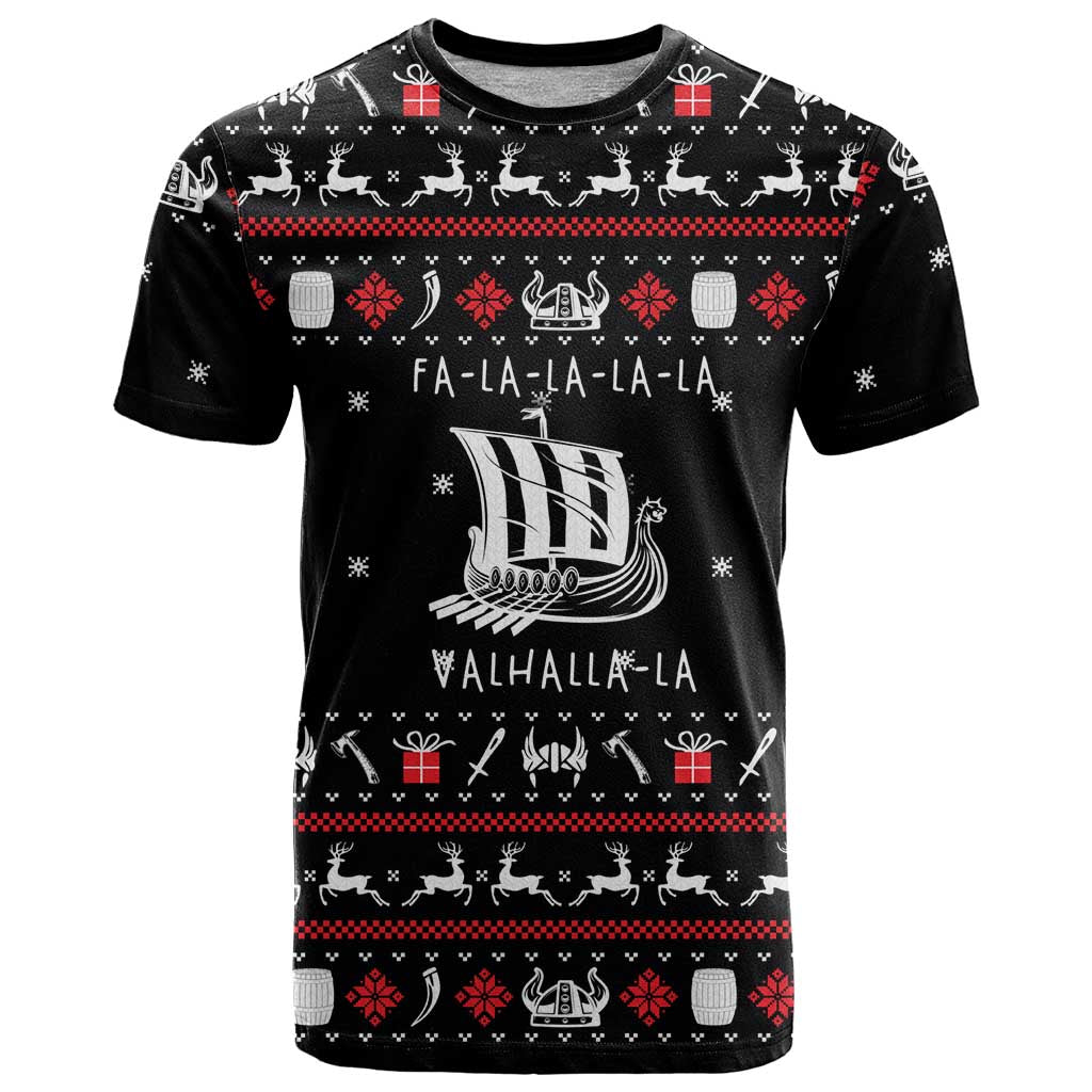 Viking Christmas T Shirt with Fa La La La La Valhalla Quote and Longship Nordic Pattern - Wonder Print Shop
