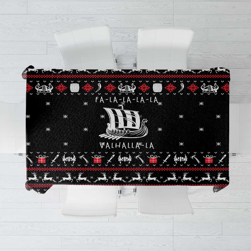 Viking Christmas Tablecloth with Fa La La La La Valhalla Quote and Longship Nordic Pattern - Wonder Print Shop
