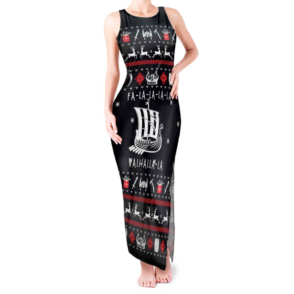 Viking Christmas Tank Maxi Dress with Fa La La La La Valhalla Quote and Longship Nordic Pattern - Wonder Print Shop