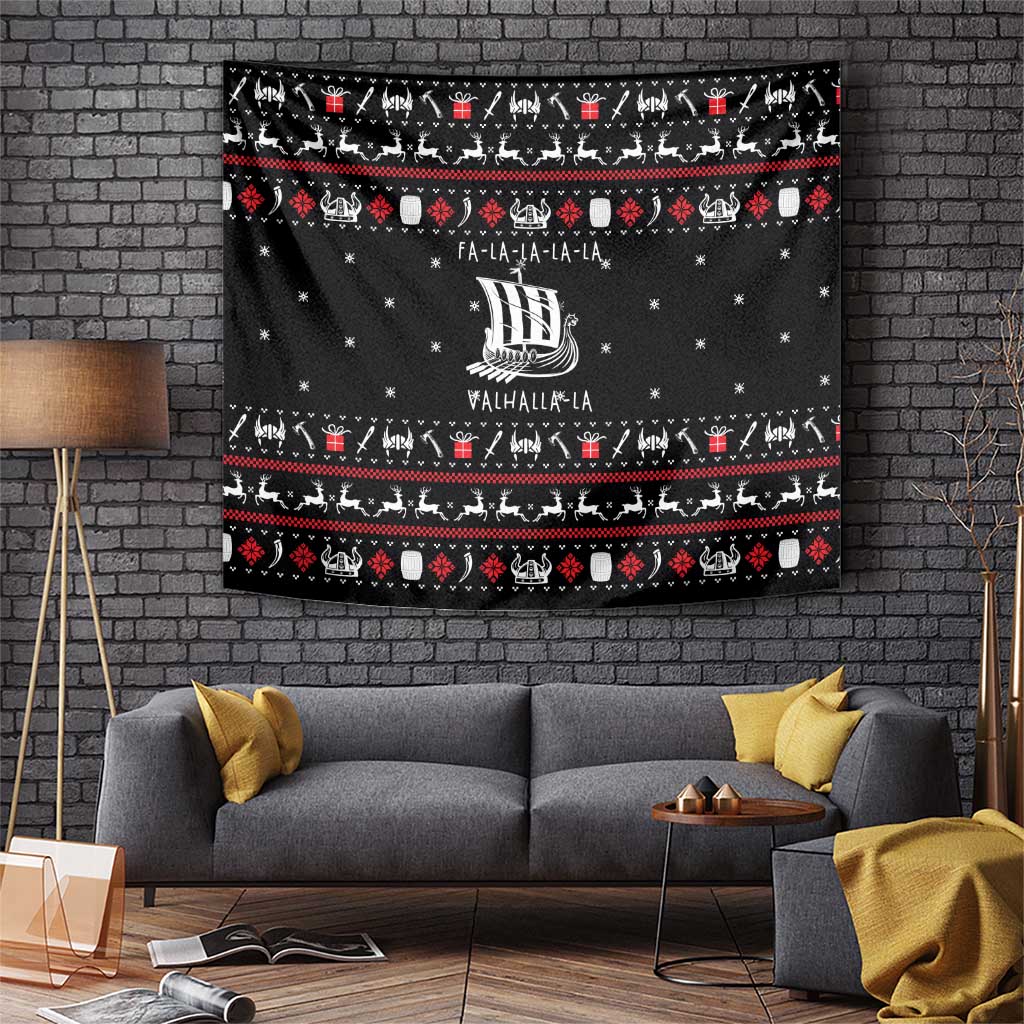 Viking Christmas Tapestry with Fa La La La La Valhalla Quote and Longship Nordic Pattern - Wonder Print Shop