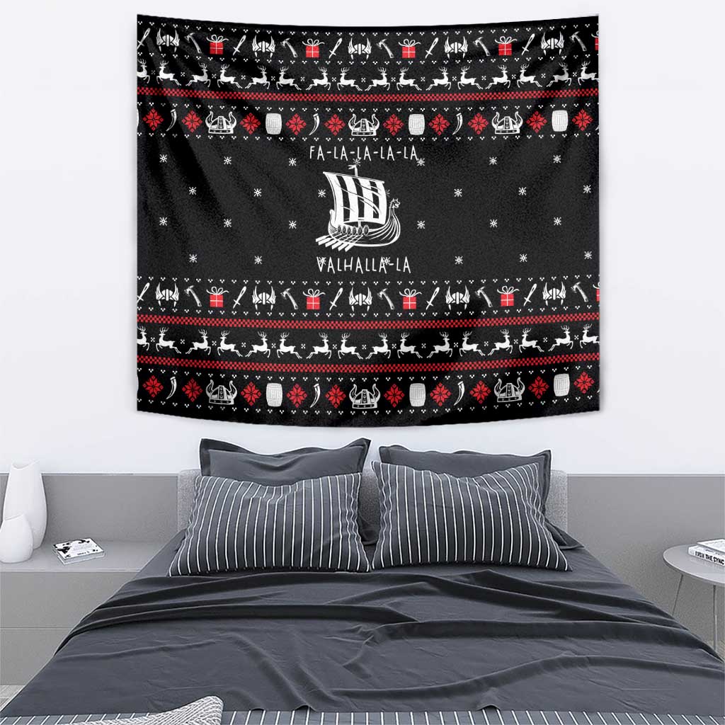 Viking Christmas Tapestry with Fa La La La La Valhalla Quote and Longship Nordic Pattern - Wonder Print Shop