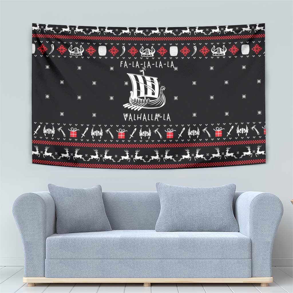 Viking Christmas Tapestry with Fa La La La La Valhalla Quote and Longship Nordic Pattern - Wonder Print Shop