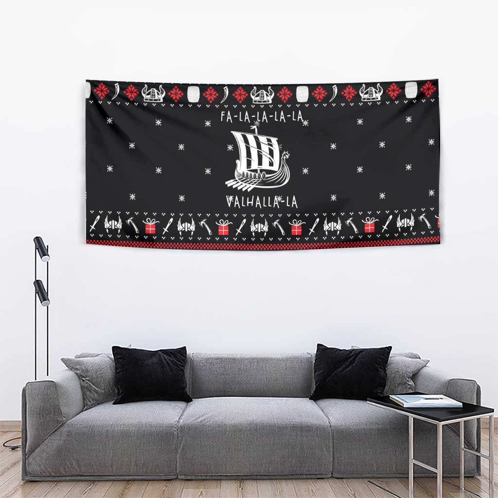 Viking Christmas Tapestry with Fa La La La La Valhalla Quote and Longship Nordic Pattern - Wonder Print Shop