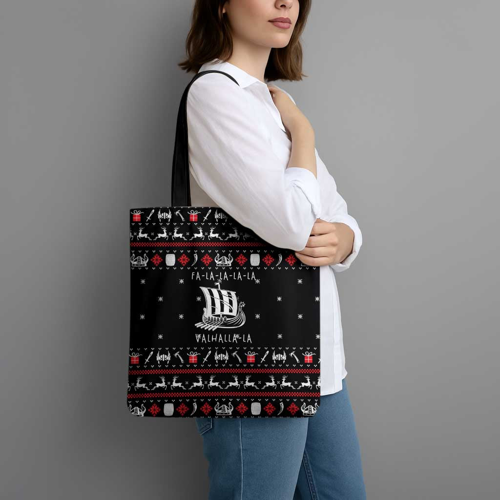 Viking Christmas Tote Bag with Fa La La La La Valhalla Quote and Longship Nordic Pattern - Wonder Print Shop