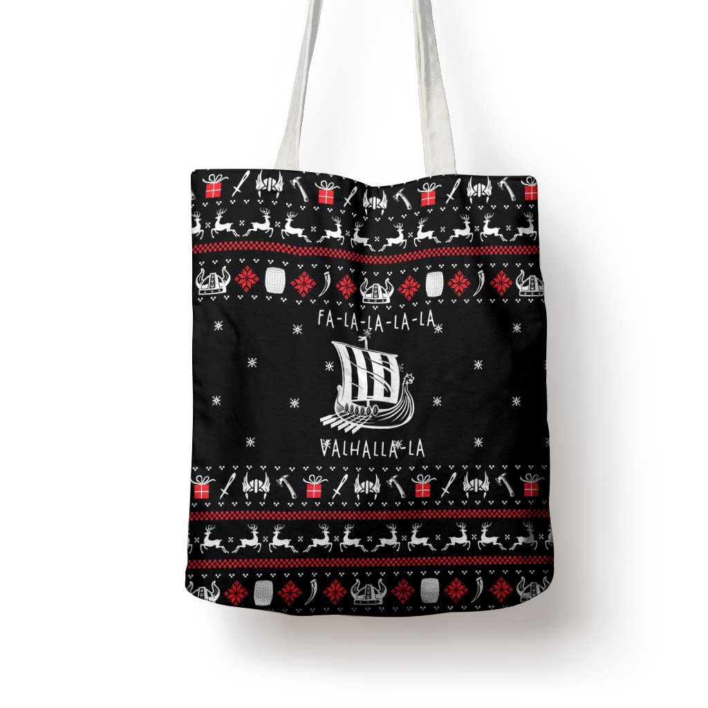 Viking Christmas Tote Bag with Fa La La La La Valhalla Quote and Longship Nordic Pattern - Wonder Print Shop