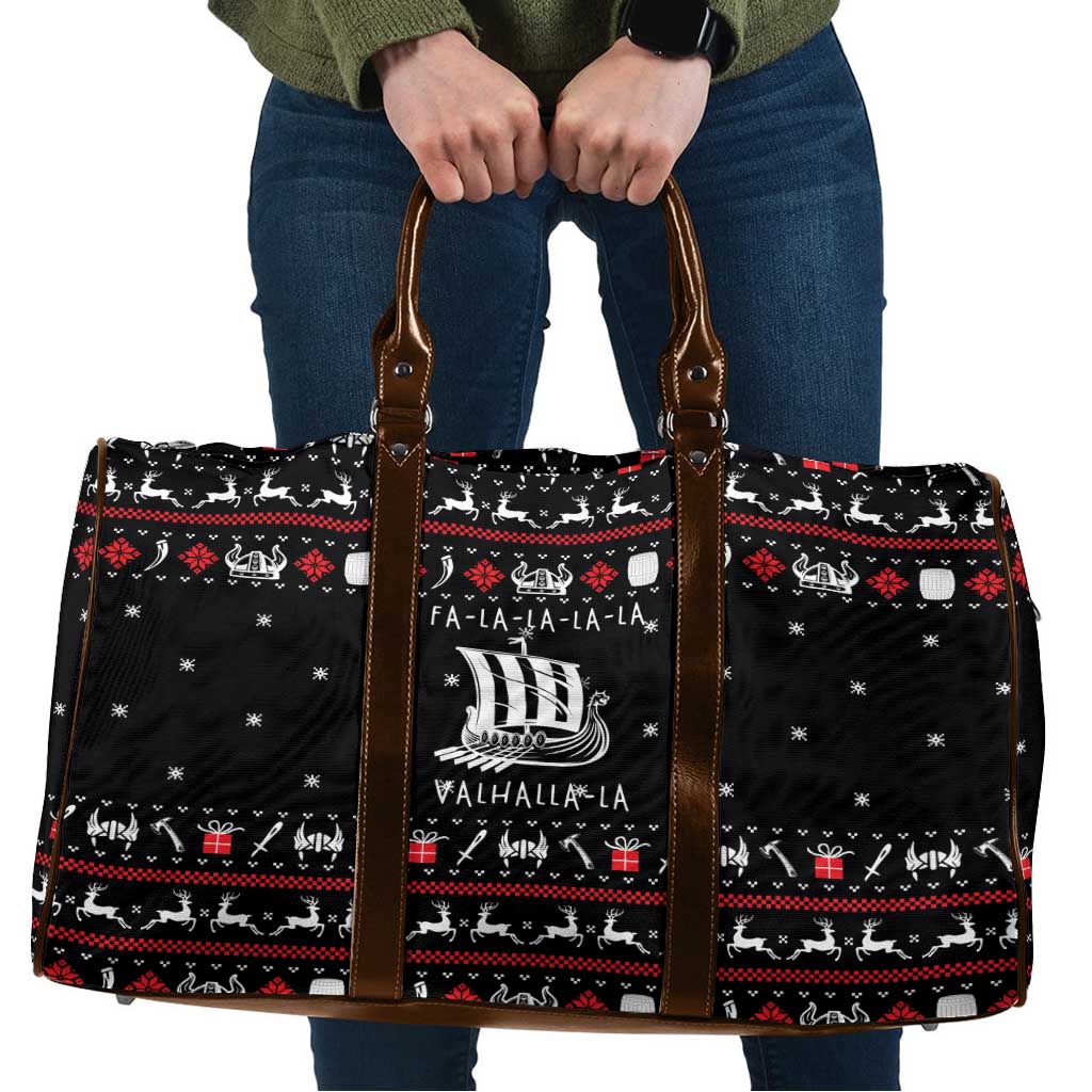 Viking Christmas Travel Bag with Fa La La La La Valhalla Quote and Longship Nordic Pattern - Wonder Print Shop