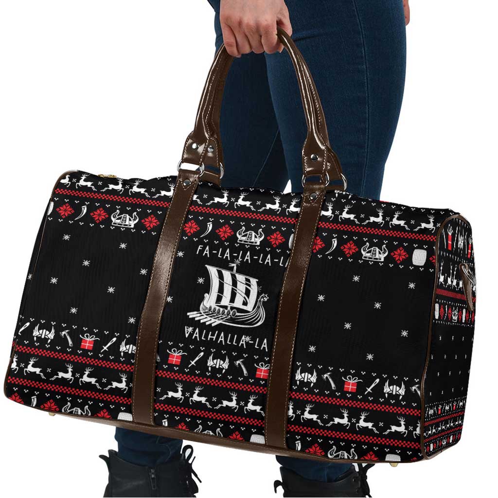 Viking Christmas Travel Bag with Fa La La La La Valhalla Quote and Longship Nordic Pattern - Wonder Print Shop