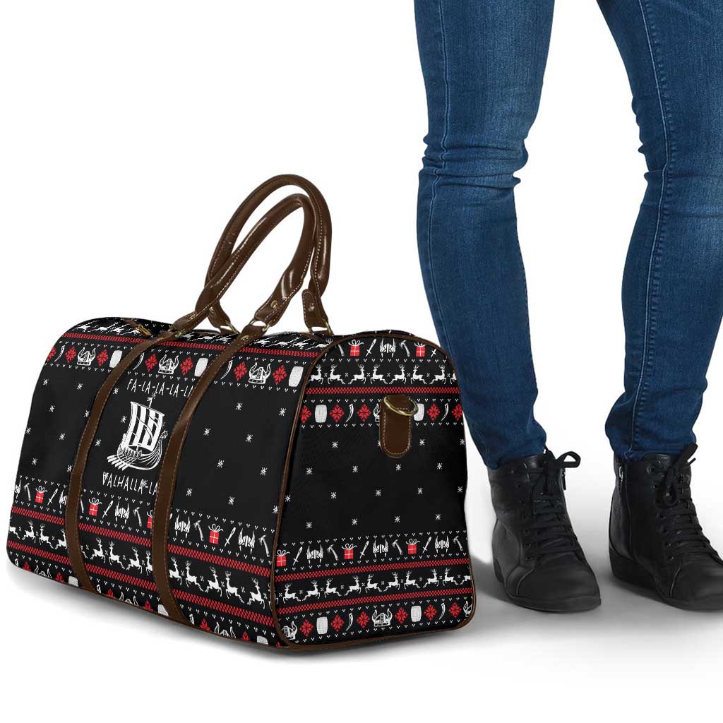 Viking Christmas Travel Bag with Fa La La La La Valhalla Quote and Longship Nordic Pattern - Wonder Print Shop