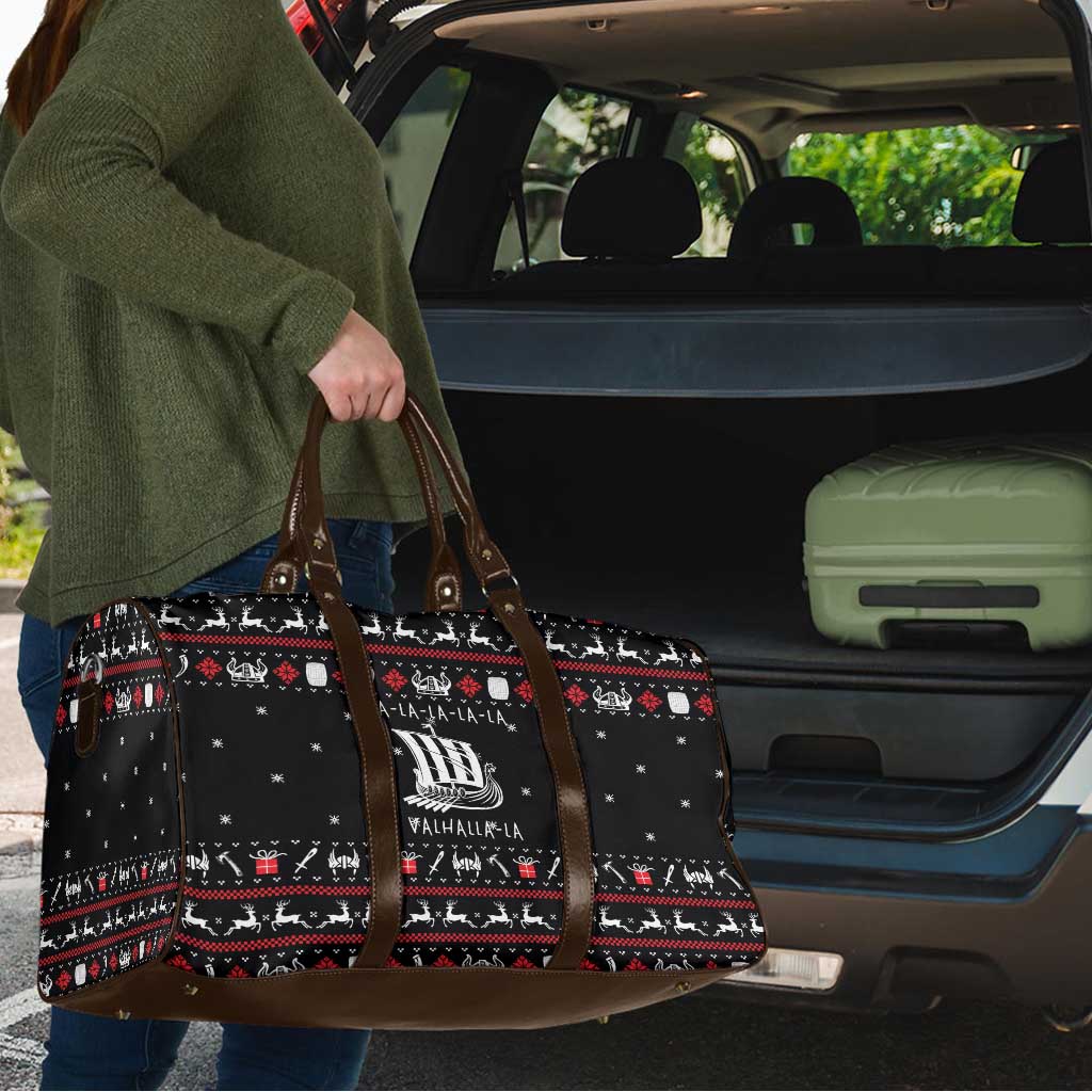 Viking Christmas Travel Bag with Fa La La La La Valhalla Quote and Longship Nordic Pattern - Wonder Print Shop