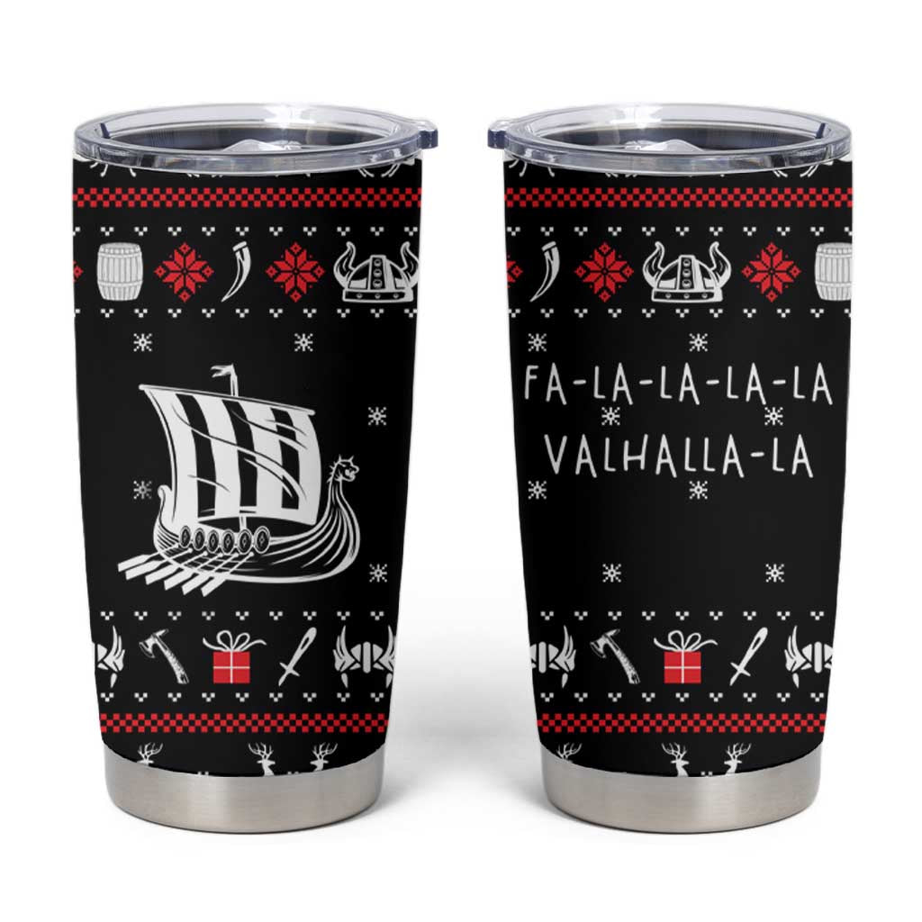 Viking Christmas Tumbler Cup with Fa La La La La Valhalla Quote and Longship Nordic Pattern - Wonder Print Shop