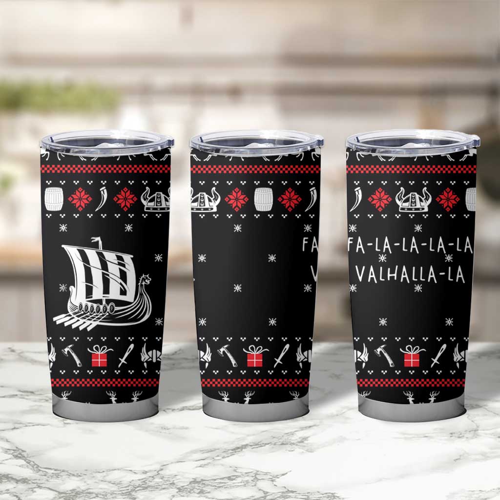 Viking Christmas Tumbler Cup with Fa La La La La Valhalla Quote and Longship Nordic Pattern - Wonder Print Shop