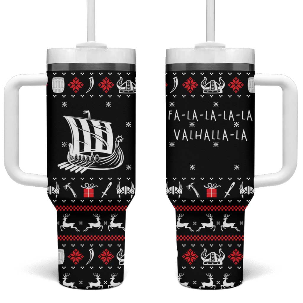 Viking Christmas Tumbler With Handle with Fa La La La La Valhalla Quote and Longship Nordic Pattern - Wonder Print Shop