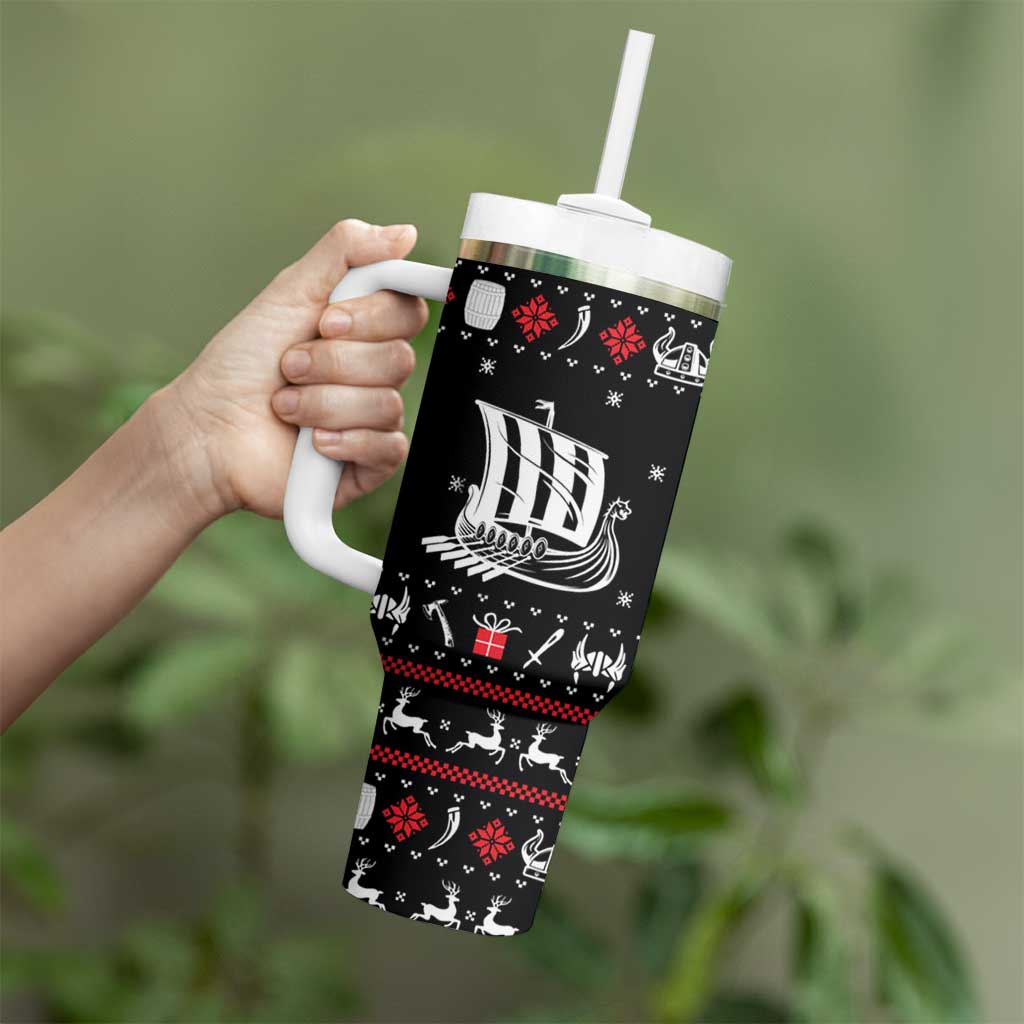 Viking Christmas Tumbler With Handle with Fa La La La La Valhalla Quote and Longship Nordic Pattern - Wonder Print Shop