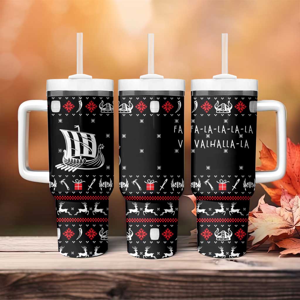Viking Christmas Tumbler With Handle with Fa La La La La Valhalla Quote and Longship Nordic Pattern - Wonder Print Shop