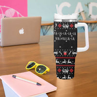 Viking Christmas Tumbler With Handle with Fa La La La La Valhalla Quote and Longship Nordic Pattern - Wonder Print Shop