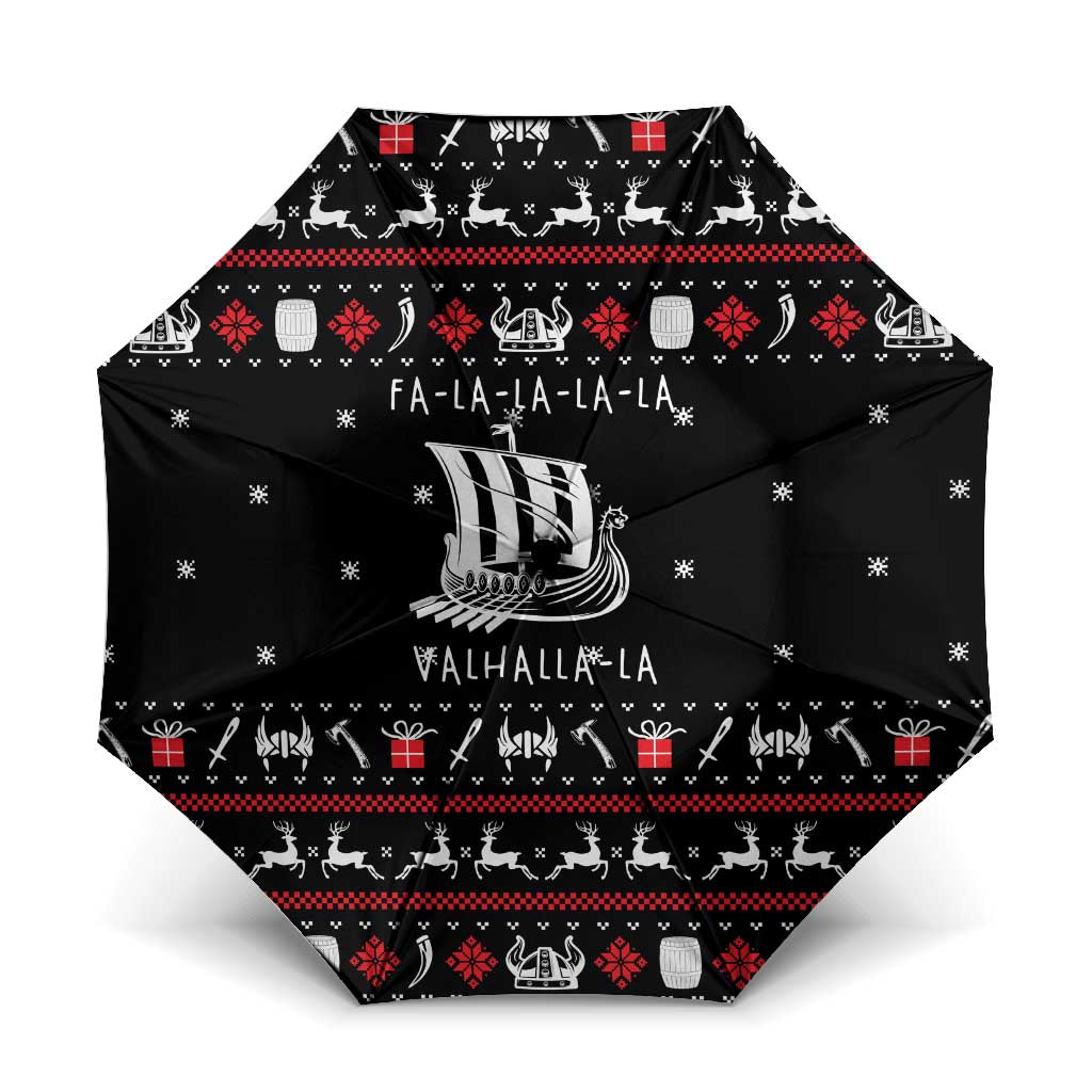 Viking Christmas Umbrella with Fa La La La La Valhalla Quote and Longship Nordic Pattern - Wonder Print Shop