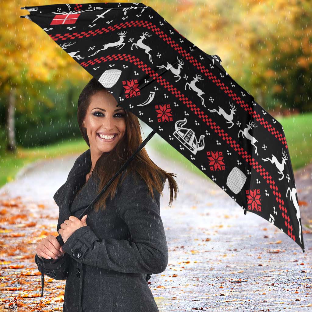 Viking Christmas Umbrella with Fa La La La La Valhalla Quote and Longship Nordic Pattern - Wonder Print Shop