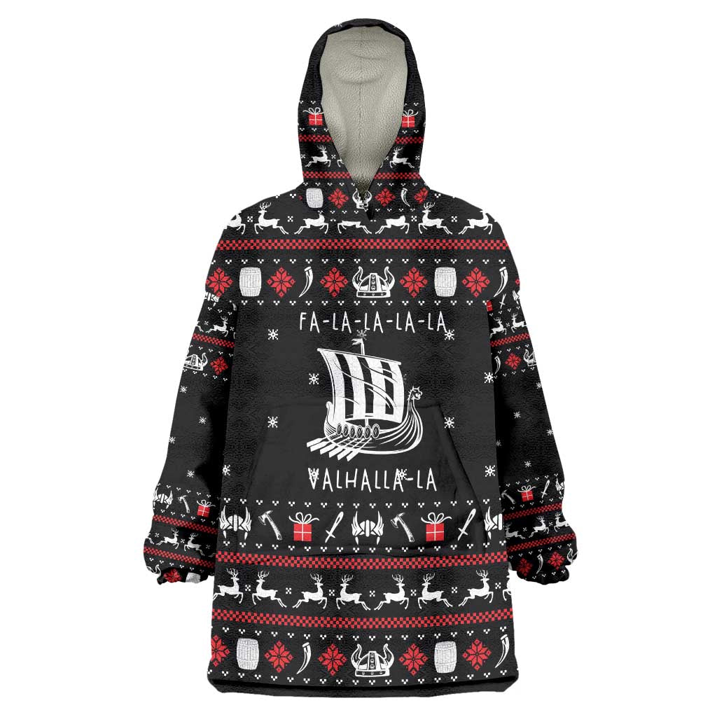 Viking Christmas Wearable Blanket Hoodie with Fa La La La La Valhalla Quote and Longship Nordic Pattern - Wonder Print Shop