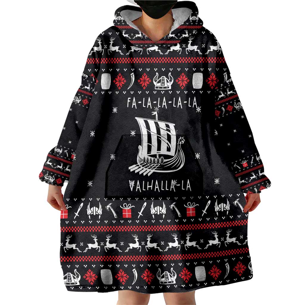 Viking Christmas Wearable Blanket Hoodie with Fa La La La La Valhalla Quote and Longship Nordic Pattern - Wonder Print Shop