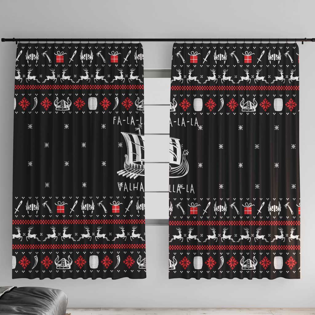 Viking Christmas Window Curtain with Fa La La La La Valhalla Quote and Longship Nordic Pattern - Wonder Print Shop