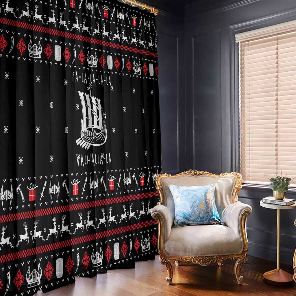 Viking Christmas Window Curtain with Fa La La La La Valhalla Quote and Longship Nordic Pattern - Wonder Print Shop