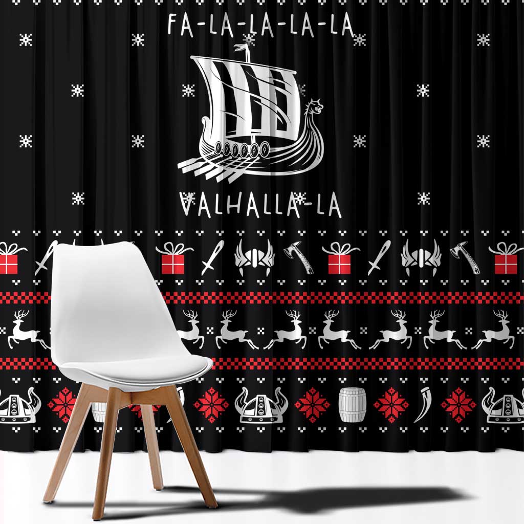 Viking Christmas Window Curtain with Fa La La La La Valhalla Quote and Longship Nordic Pattern - Wonder Print Shop